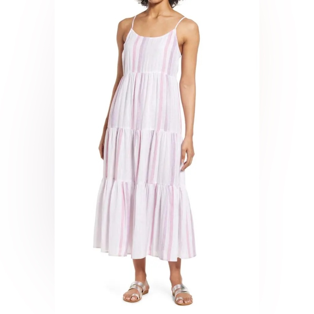 beachlunchlounge Lana Linen & Cotton Tiered Midi Sundress S